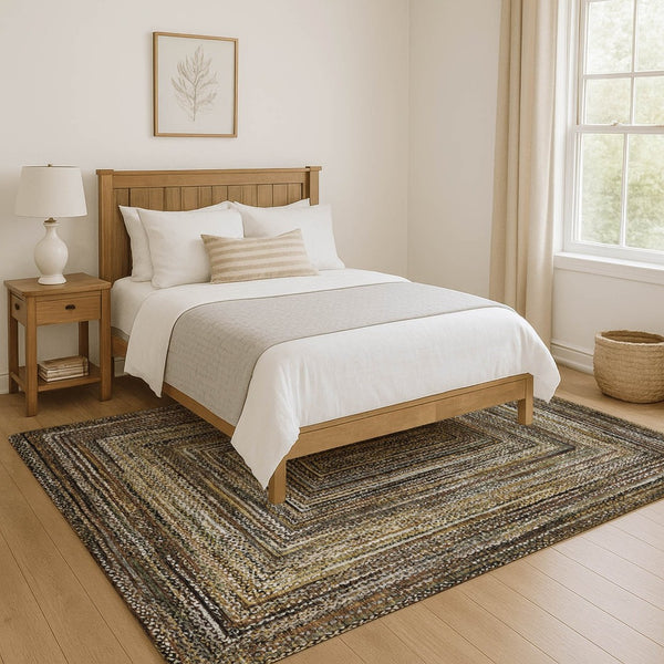 HomeRoots 5' X 8' Washable Geometric Area Rug in Brown, Beige & Gold – Stain Resistant with UV Protection! 699228