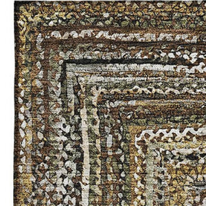 HomeRoots 5' X 8' Washable Geometric Area Rug in Brown, Beige & Gold – Stain Resistant with UV Protection! 699228