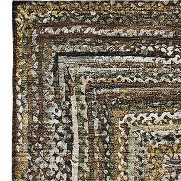 HomeRoots 5' X 8' Washable Geometric Area Rug in Brown, Beige & Gold – Stain Resistant with UV Protection! 699228