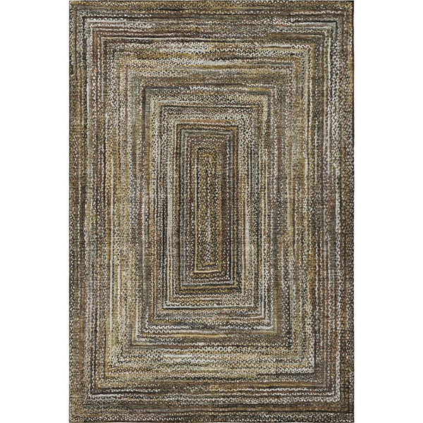 HomeRoots 5' X 8' Washable Geometric Area Rug in Brown, Beige & Gold – Stain Resistant with UV Protection! 699228