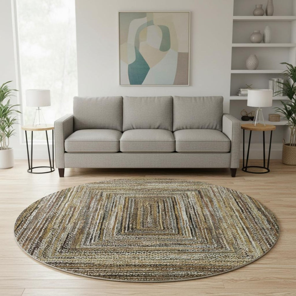 HomeRoots 8' Modern Washable Round Rug in Brown, Beige & Gold – Stain Resistant, UV Protected & Non-Slip Design 699229