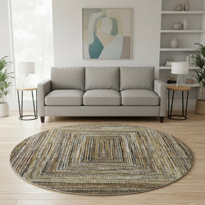 HomeRoots 8' Modern Washable Round Rug in Brown, Beige & Gold – Stain Resistant, UV Protected & Non-Slip Design 699229