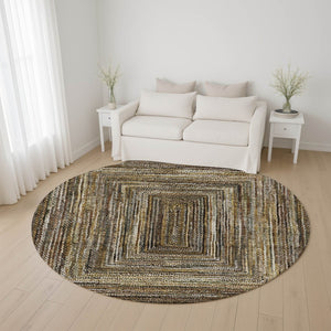 HomeRoots 8' Modern Washable Round Rug in Brown, Beige & Gold – Stain Resistant, UV Protected & Non-Slip Design 699229