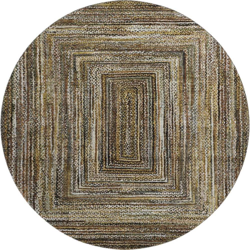 HomeRoots 8' Modern Washable Round Rug in Brown, Beige & Gold – Stain Resistant, UV Protected & Non-Slip Design 699229