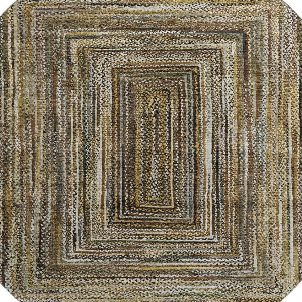 HomeRoots 8' Modern Washable Round Rug in Brown, Beige & Gold – Stain Resistant, UV Protected & Non-Slip Design 699229