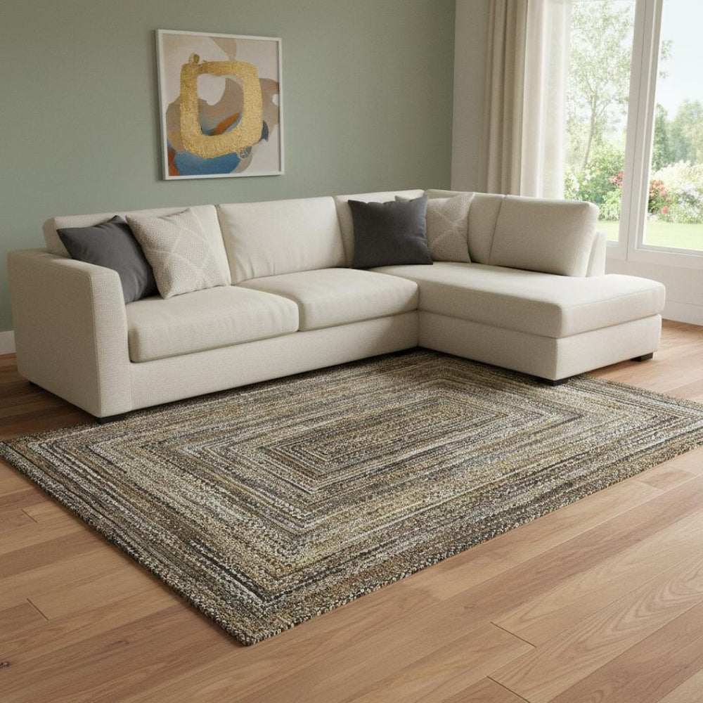 HomeRoots 8' X 10' Modern Geometric Washable Area Rug in Brown, Beige, and Gold with UV Protection & Non-Slip Base 699230