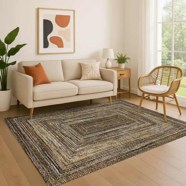 HomeRoots 8' X 10' Modern Geometric Washable Area Rug in Brown, Beige, and Gold with UV Protection & Non-Slip Base 699230