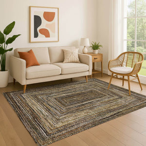 HomeRoots 10' Geometric Washable Area Rug in Brown Beige & Gold - UV Protected, Durable, Non-Slip Design 699232