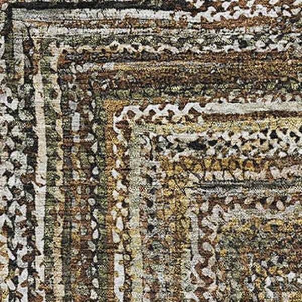 HomeRoots 10' Geometric Washable Area Rug in Brown Beige & Gold - UV Protected, Durable, Non-Slip Design 699232
