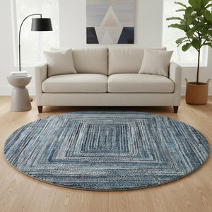 HomeRoots 8' Blue and Gray Geometric Washable Round Rug with UV Protection for Modern High-Traffic Spaces 699235