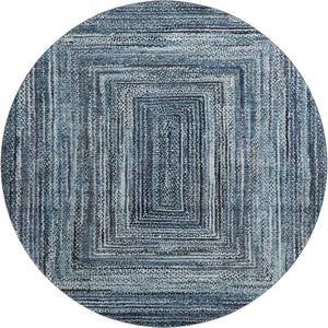HomeRoots 8' Blue and Gray Geometric Washable Round Rug with UV Protection for Modern High-Traffic Spaces 699235