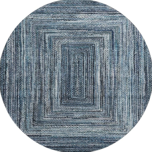 HomeRoots 8' Blue and Gray Geometric Washable Round Rug with UV Protection for Modern High-Traffic Spaces 699235
