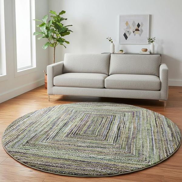 HomeRoots 8' Olive Green & Lavender Washable Round Rug – Durable, UV-Protected, Stain-Resistant for Stylish Spaces 699241