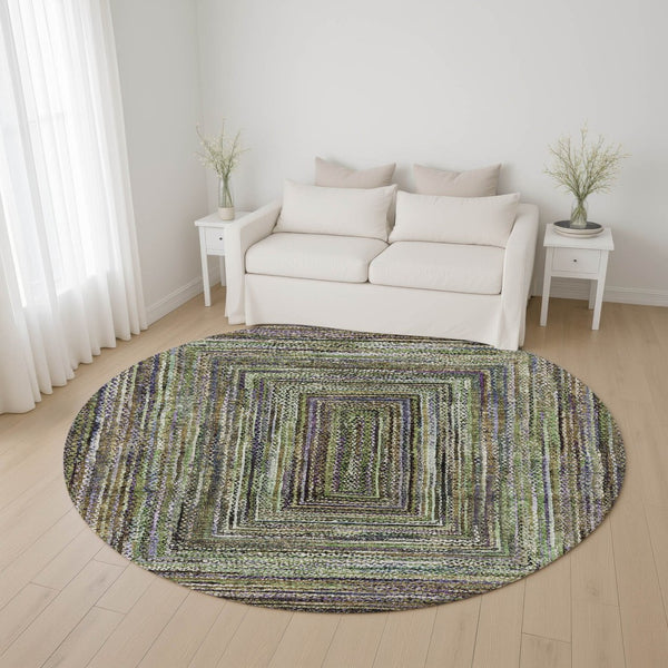 HomeRoots 8' Olive Green & Lavender Washable Round Rug – Durable, UV-Protected, Stain-Resistant for Stylish Spaces 699241