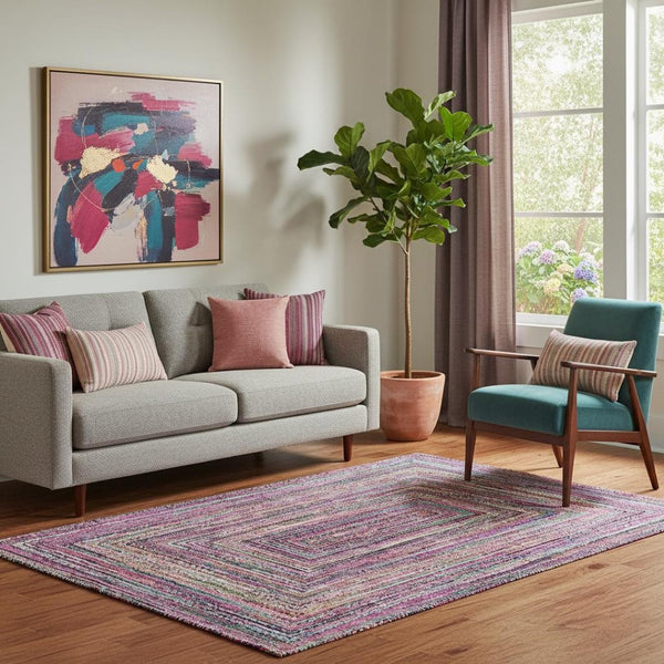 HomeRoots 5' X 8' Washable Geometric Area Rug in Vibrant Pink, Blue, and Orange with UV Protection Features 699246