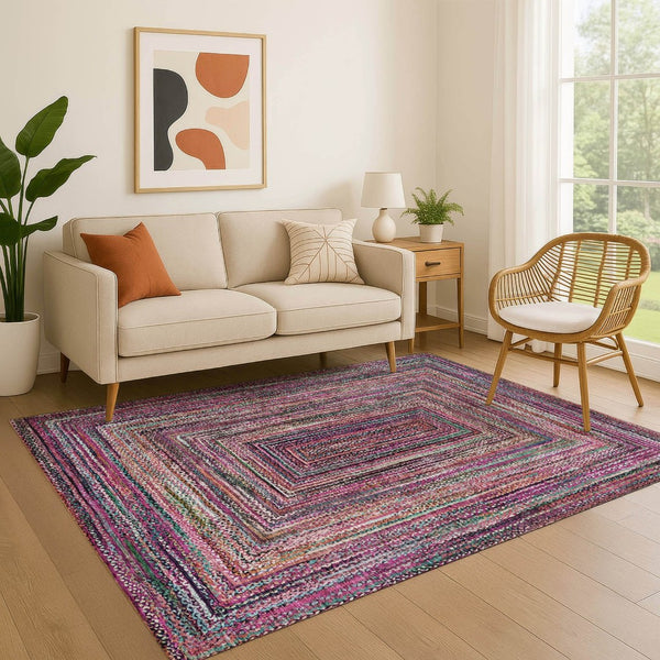 HomeRoots 5' X 8' Washable Geometric Area Rug in Vibrant Pink, Blue, and Orange with UV Protection Features 699246