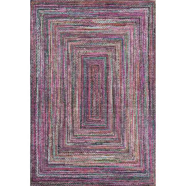 HomeRoots 5' X 8' Washable Geometric Area Rug in Vibrant Pink, Blue, and Orange with UV Protection Features 699246