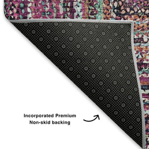 HomeRoots 5' X 8' Washable Geometric Area Rug in Vibrant Pink, Blue, and Orange with UV Protection Features 699246