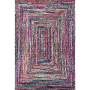 HomeRoots 5' X 8' Washable Geometric Area Rug in Vibrant Pink, Blue, and Orange with UV Protection Features 699246