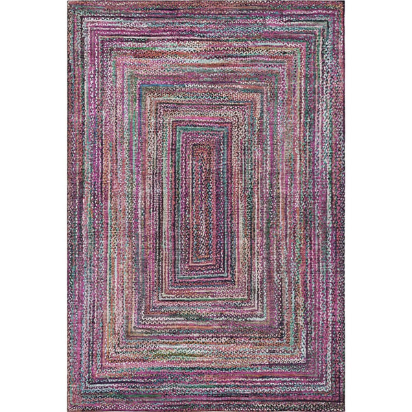 HomeRoots 5' X 8' Washable Geometric Area Rug in Vibrant Pink, Blue, and Orange with UV Protection Features 699246