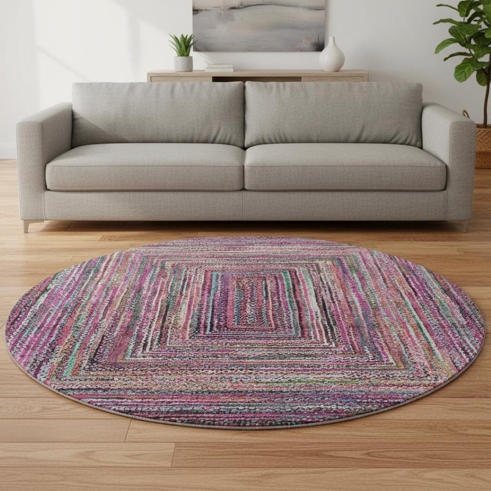 HomeRoots 8' Vibrant Geometric Round Rug in Pink, Blue & Orange - Washable, UV Protected, Ideal for Active Homes 699247