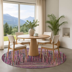 HomeRoots 8' Vibrant Geometric Round Rug in Pink, Blue & Orange - Washable, UV Protected, Ideal for Active Homes 699247