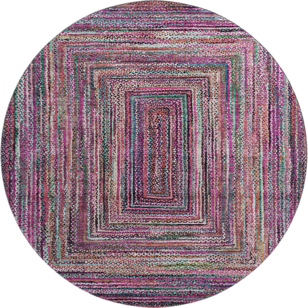 HomeRoots 8' Vibrant Geometric Round Rug in Pink, Blue & Orange - Washable, UV Protected, Ideal for Active Homes 699247