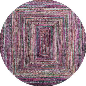 HomeRoots 8' Vibrant Geometric Round Rug in Pink, Blue & Orange - Washable, UV Protected, Ideal for Active Homes 699247