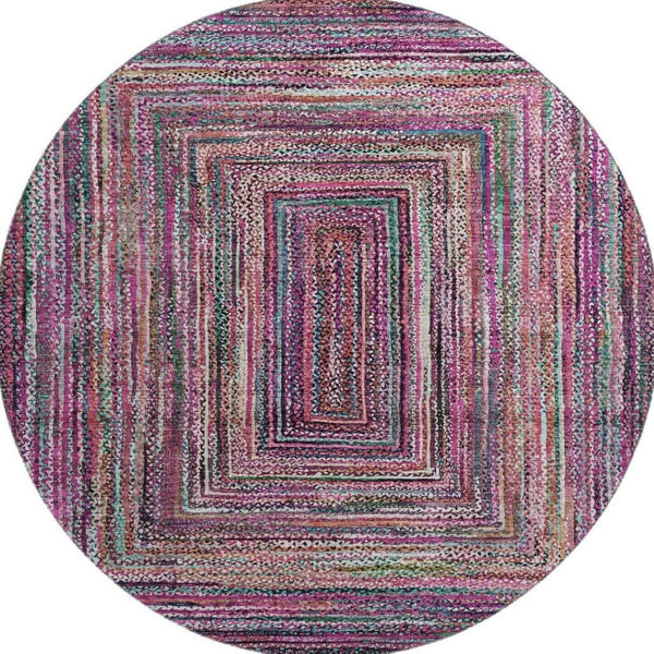 HomeRoots 8' Vibrant Geometric Round Rug in Pink, Blue & Orange - Washable, UV Protected, Ideal for Active Homes 699247