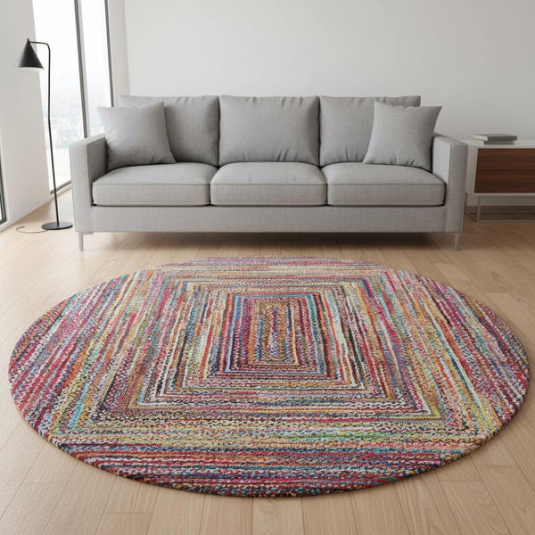 HomeRoots 8' Washable Round Rug in Rust, Blue, and Gold - UV Protected, Durable & Stylish for Any Space 699253