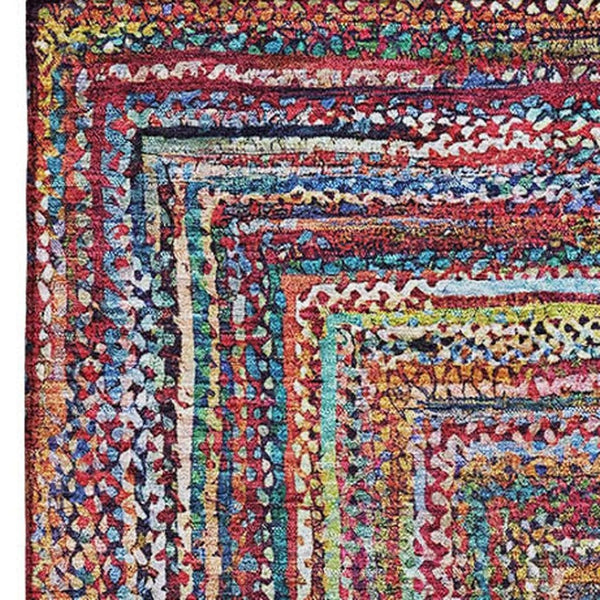 HomeRoots 9' X 12' Stylish Washable Area Rug with UV Protection - Rust, Blue & Gold Geometric Design for Homes 699255