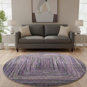HomeRoots 8' Purple and Gray Geometric Round Rug - Washable, UV Protected, Stain Resistant, Non-Slip Design 699259