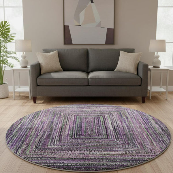 HomeRoots 8' Purple and Gray Geometric Round Rug - Washable, UV Protected, Stain Resistant, Non-Slip Design 699259