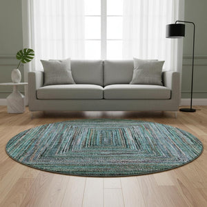 HomeRoots 8' Teal & Brown Geometric Round Rug – Washable, UV-Protected, Durable Design for Modern Spaces 699265