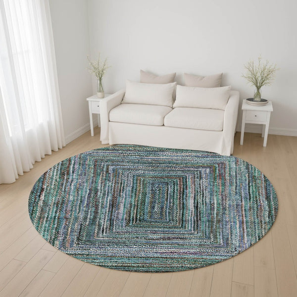 HomeRoots 8' Teal & Brown Geometric Round Rug – Washable, UV-Protected, Durable Design for Modern Spaces 699265