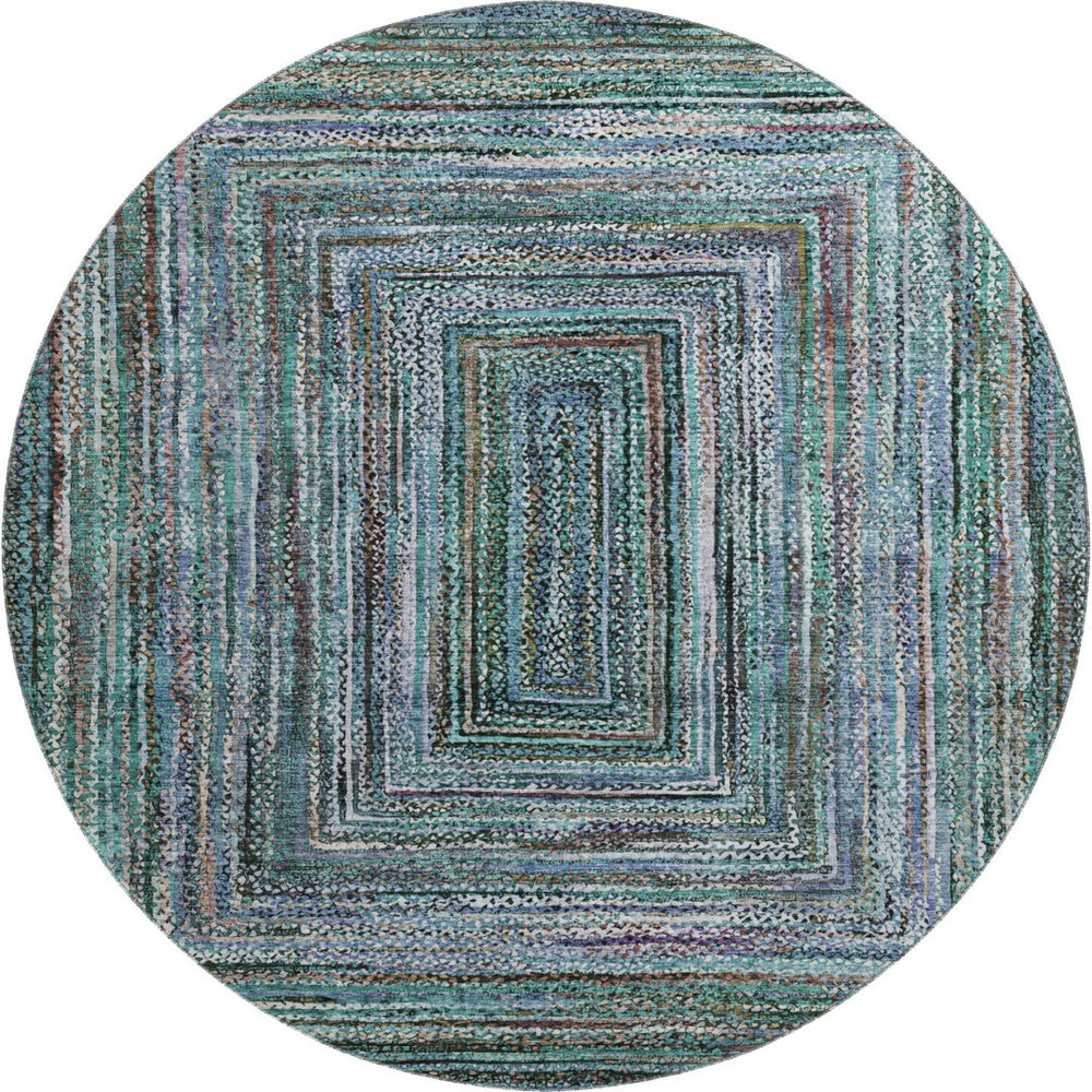 HomeRoots 8' Teal & Brown Geometric Round Rug – Washable, UV-Protected, Durable Design for Modern Spaces 699265