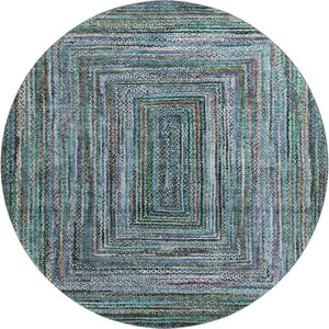 HomeRoots 8' Teal & Brown Geometric Round Rug – Washable, UV-Protected, Durable Design for Modern Spaces 699265