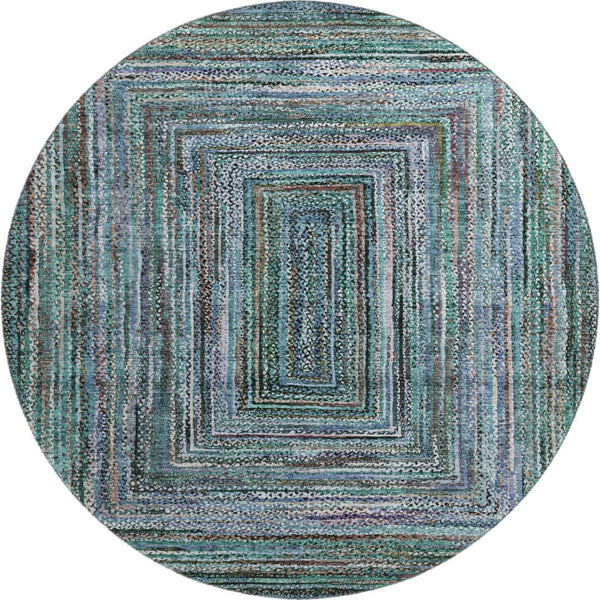 HomeRoots 8' Teal & Brown Geometric Round Rug – Washable, UV-Protected, Durable Design for Modern Spaces 699265