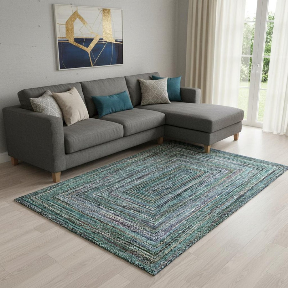 HomeRoots 8' X 10' Teal & Brown Geometric Area Rug - Washable, UV-Protected, Durable & Stylish for Any Room 699266
