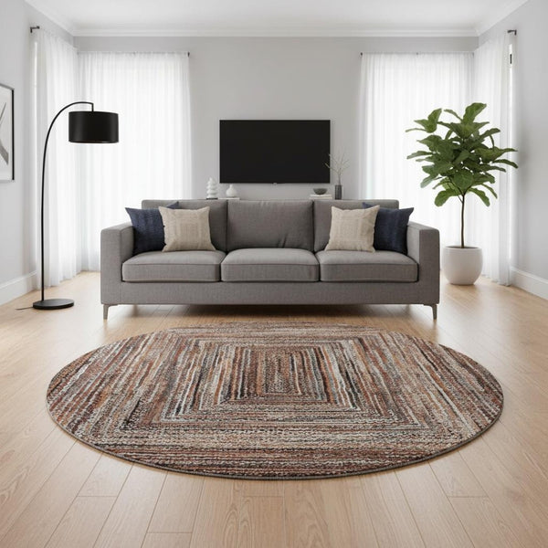 HomeRoots 8' Stylish Terra Cotta & Beige Round Rug - Washable, UV Protected, Durable for Homes with Kids & Pets 699271
