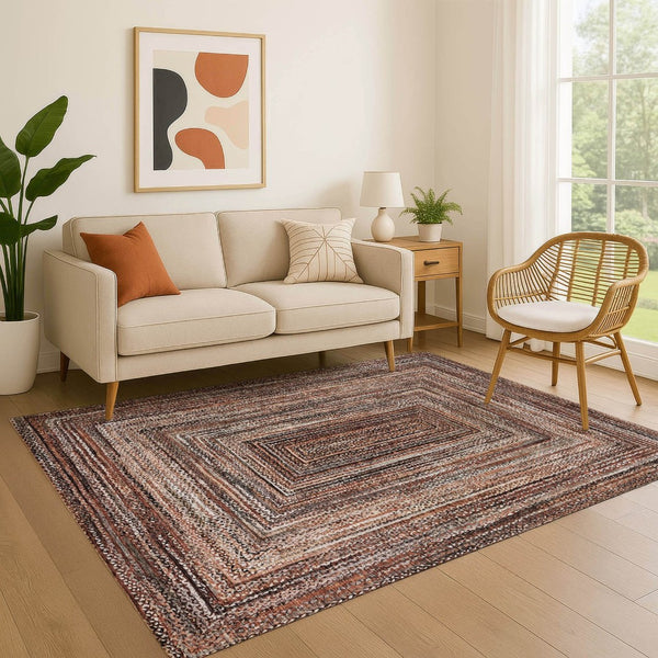 HomeRoots 8' X 10' Geometric Terra Cotta and Beige Area Rug - Washable, UV Protected, Stain-Resistant Comfort 699272