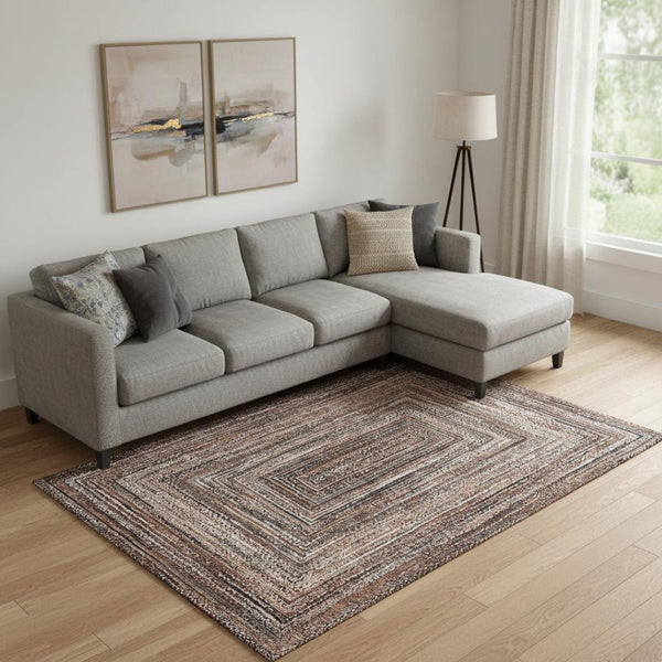 HomeRoots 9' X 12' Terra Cotta & Beige Geometric Area Rug – Durable, Stain Resistant, UV Protected for Modern Spaces 699273