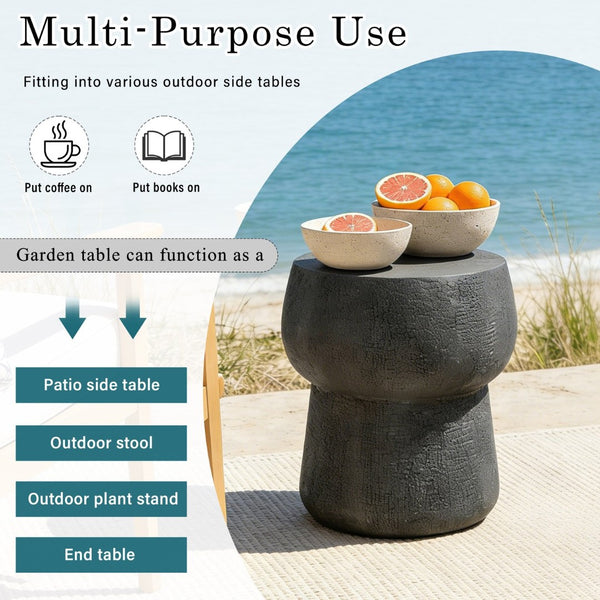 English Elm U_style Outdoor Concrete Accent Table Sculptural Double Barrel Mgo Weathered Patio Stool Black N711P422075B