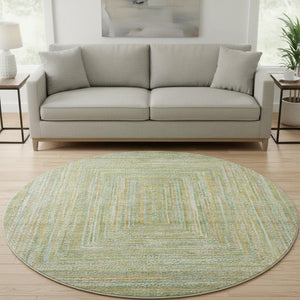 HomeRoots 8' Artichoke Green & Blue Geometric Washable Rug - UV Protected, Stain-Resistant, Non-Slip Design 699277