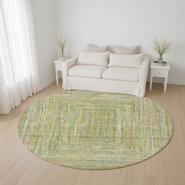 HomeRoots 8' Artichoke Green & Blue Geometric Washable Rug - UV Protected, Stain-Resistant, Non-Slip Design 699277