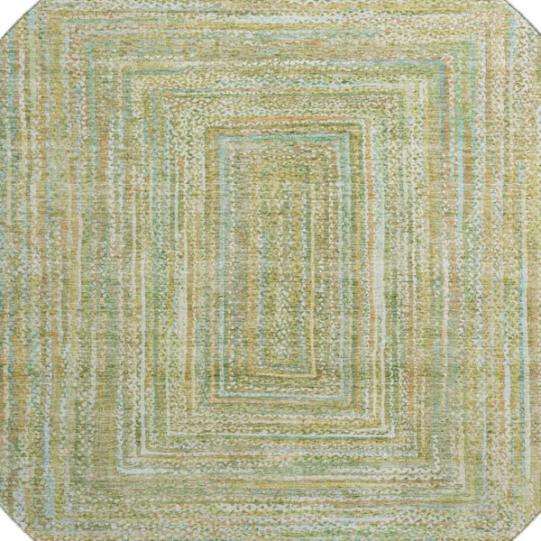 HomeRoots 8' Artichoke Green & Blue Geometric Washable Rug - UV Protected, Stain-Resistant, Non-Slip Design 699277