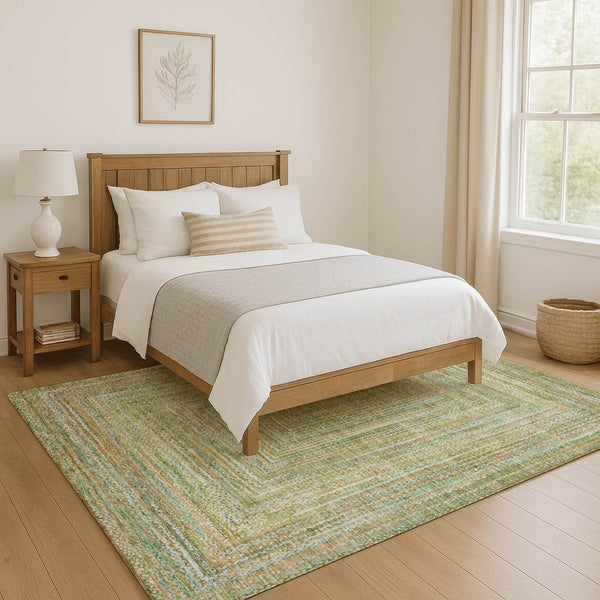 HomeRoots 8' X 10' Artichoke Green & Blue Geometric Washable Area Rug - Durable, Stain-Resistant & UV Protected 699278
