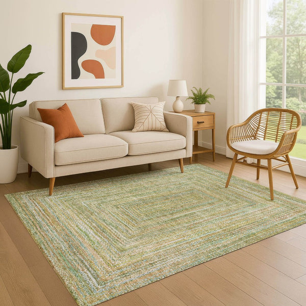 HomeRoots 9' X 12' Artichoke Green & Blue Geometric Area Rug - Washable, Durable & UV Protected for Busy Homes 699279