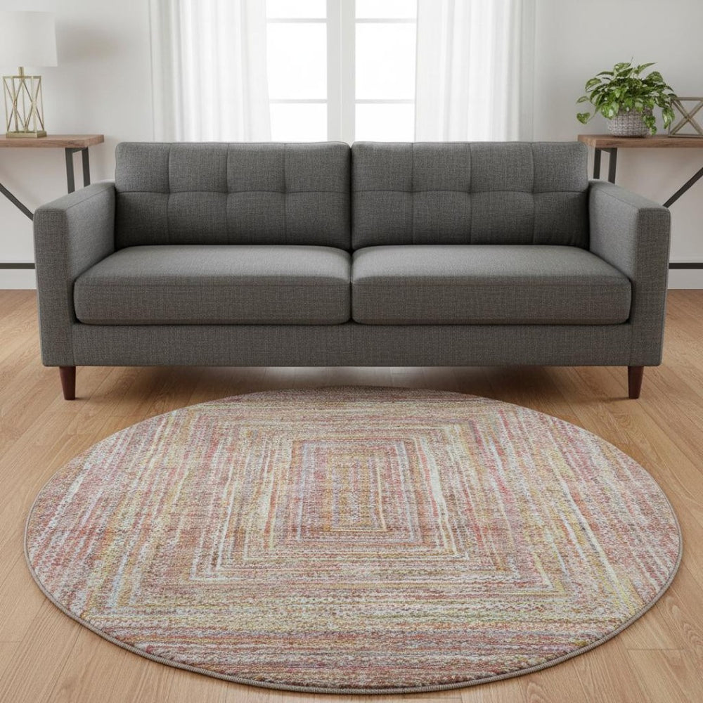 HomeRoots 8' Washable Round Rug in Rust & Mauve Geometric Design with UV Protection for Modern Homes 699283