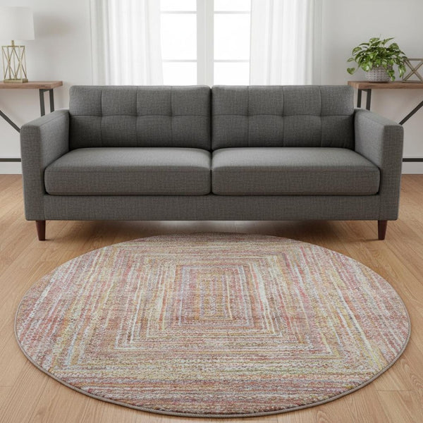 HomeRoots 8' Washable Round Rug in Rust & Mauve Geometric Design with UV Protection for Modern Homes 699283
